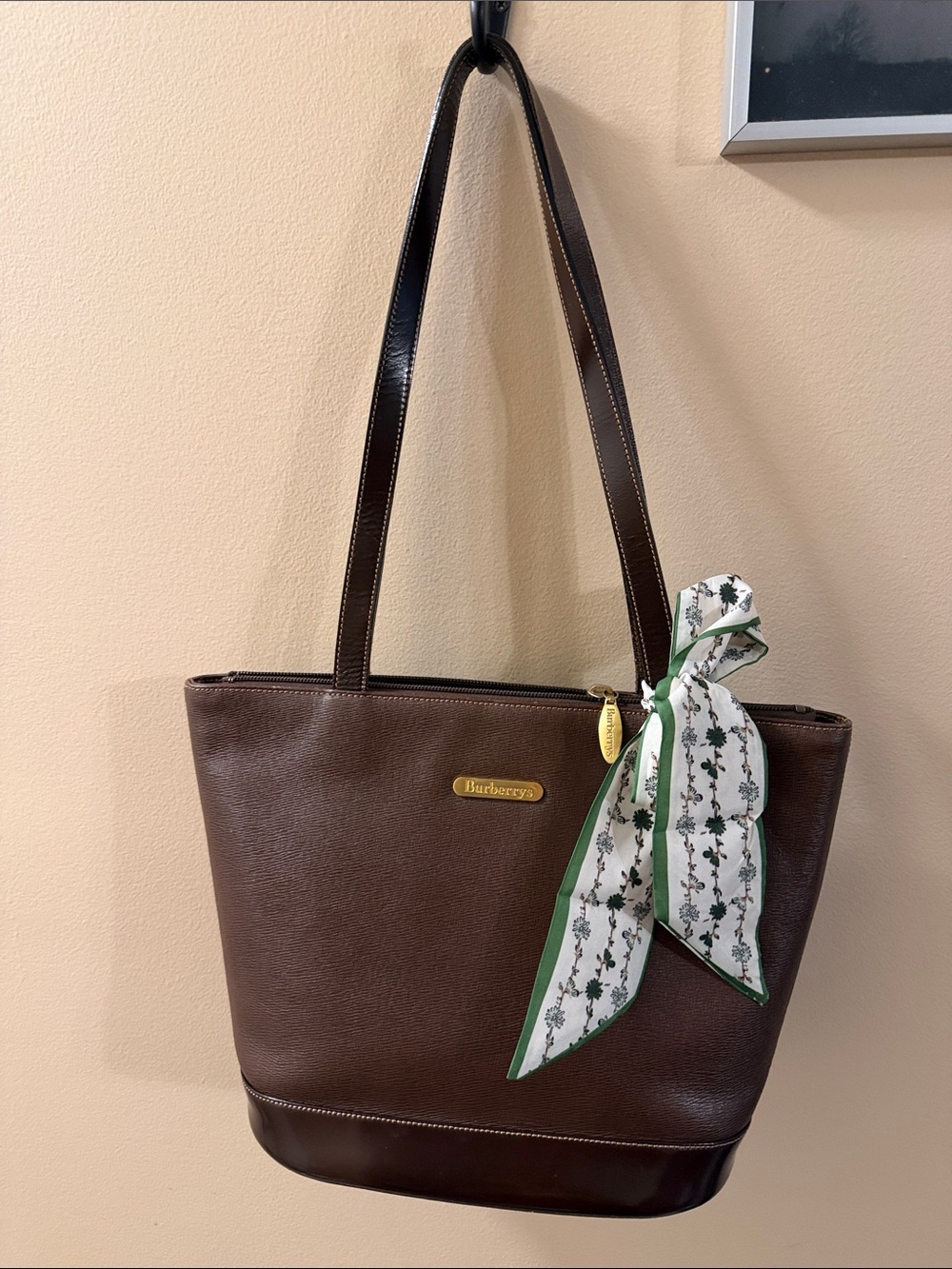 Burberry’s Vintage Brown Leather Tote Bag with Scarf Accent and COA